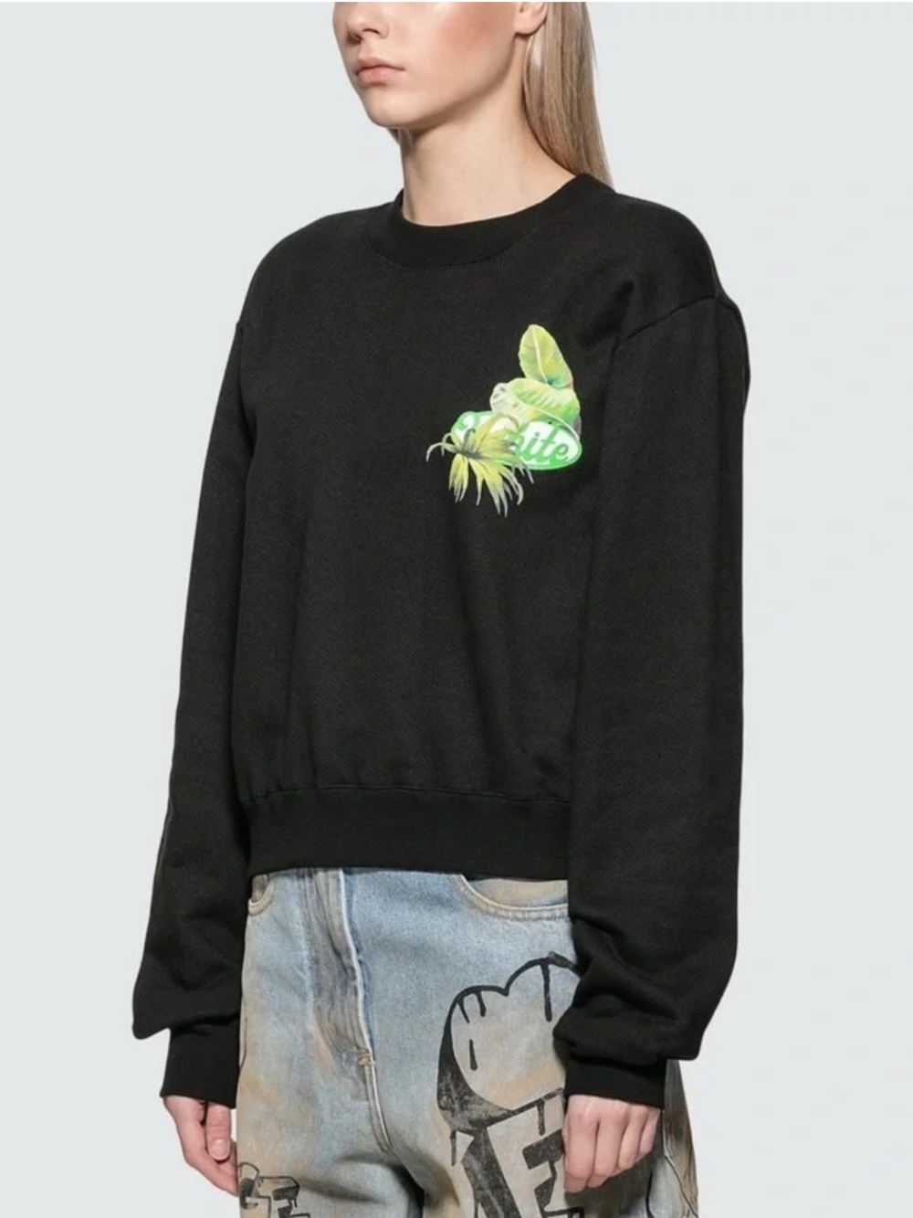 Off-White Racing Arrow Leaf Print Cropped Crewneck Sweatshirt Black Green